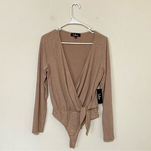 NWT Lulus Tan Brown Long Sleeve Sweater Wrap Long Sleeve Bodysuit Size Large